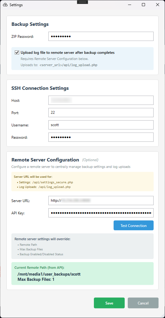 SSH Backup Settings