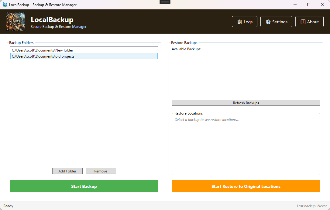 Local Backup Main Window